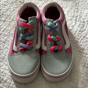 Vans Kids Pink Suede & Gray Canvas Sneakers with Multicolor Elastic Laces